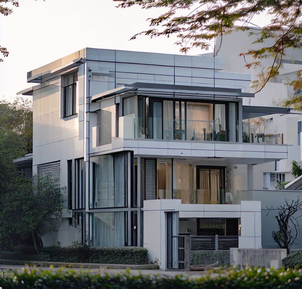 La casa tiene un estilo High-Tech, que es un estilo arquitectónico que se caracteriza por el uso de materiales modernos, como el acero, el hormigón y el vidrio.