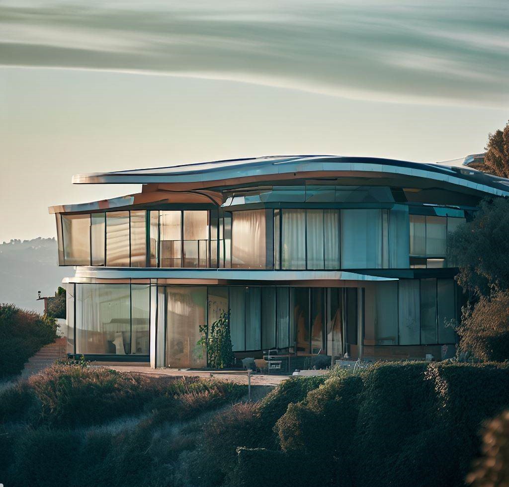 Casa de estilo arquitectónico futurista. La casa está hecha de vidrio y metal, y tiene una forma aerodinámica. La casa tiene una puerta de entrada grande, y ventanas grandes que permiten que la luz natural entre en la casa.