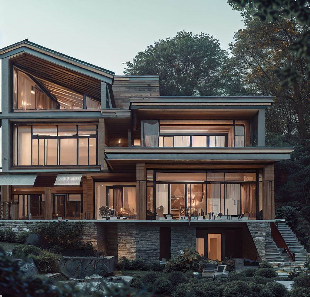 Casa de dos pisos con un diseño moderno y elegante. La casa está hecha de madera y piedra, y tiene un techo plano.