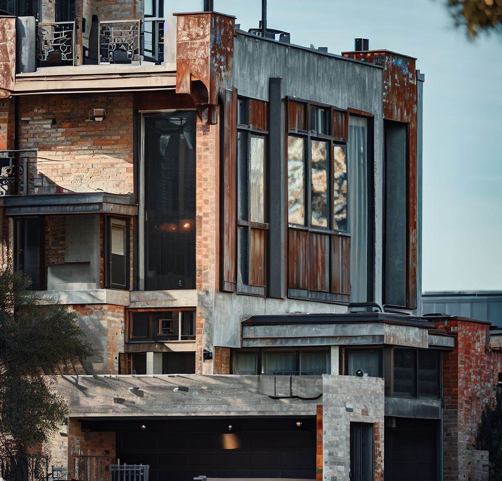 Casa de inspiración urbana que recuerda a los antiguos almacenes, con una fachada que muestra elementos de ladrillo visto, hormigón y metal.