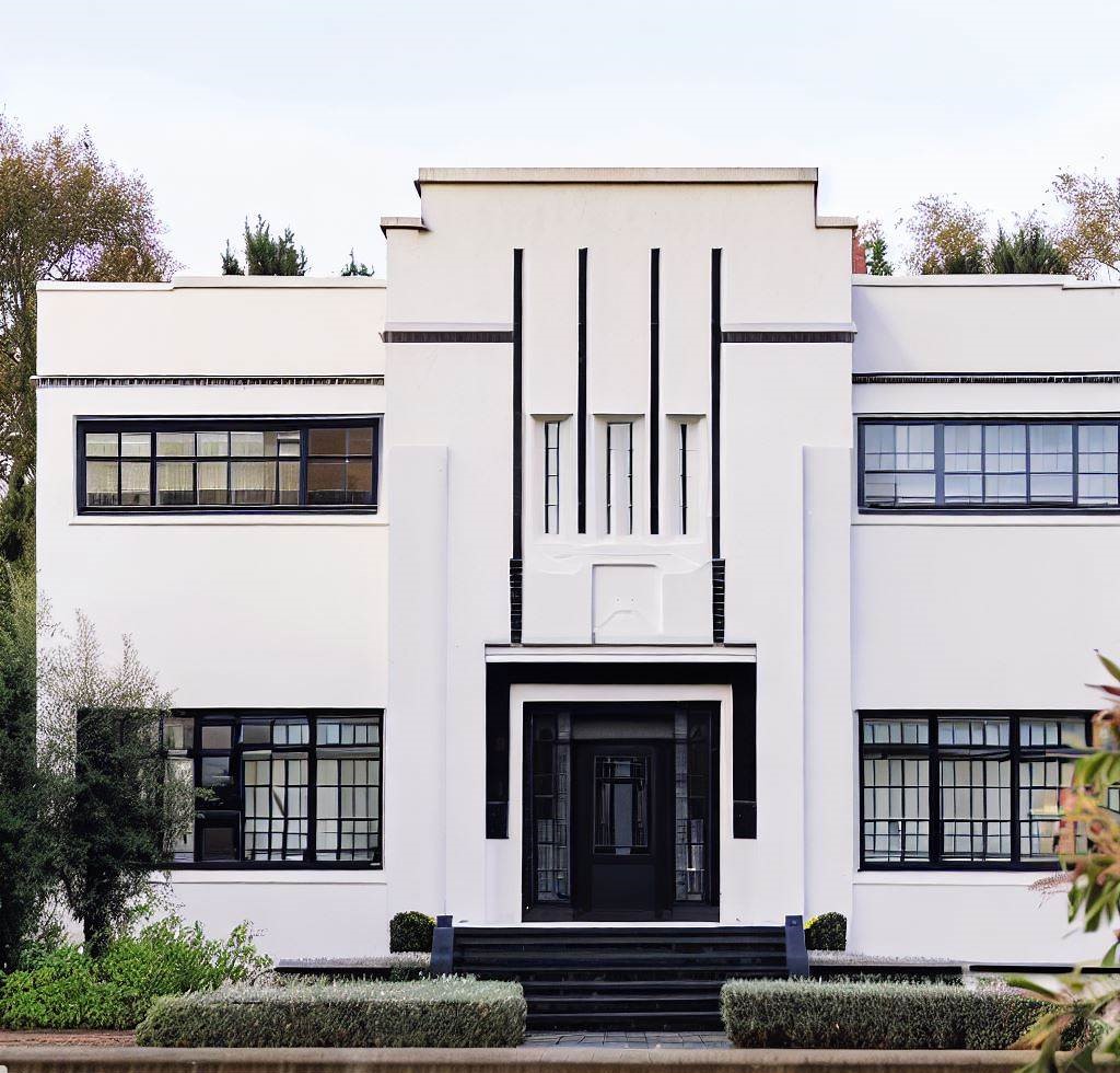 casa tiene un estilo Art Deco con su fachada blanca con una puerta y ventanas negras.