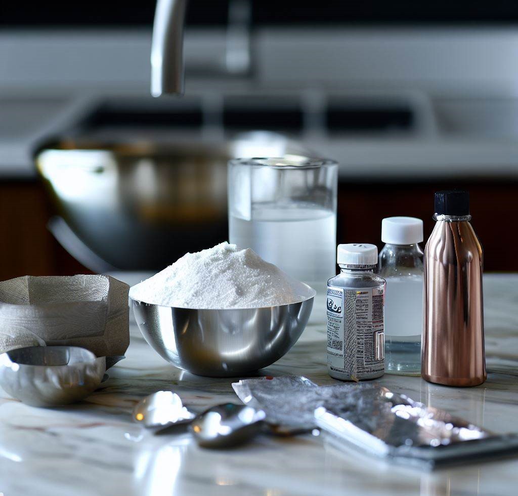 Ingredientes para limpiar plata como bicarbonato de sodio, papel de aluminio, sal y un recipiente con agua tibia.
