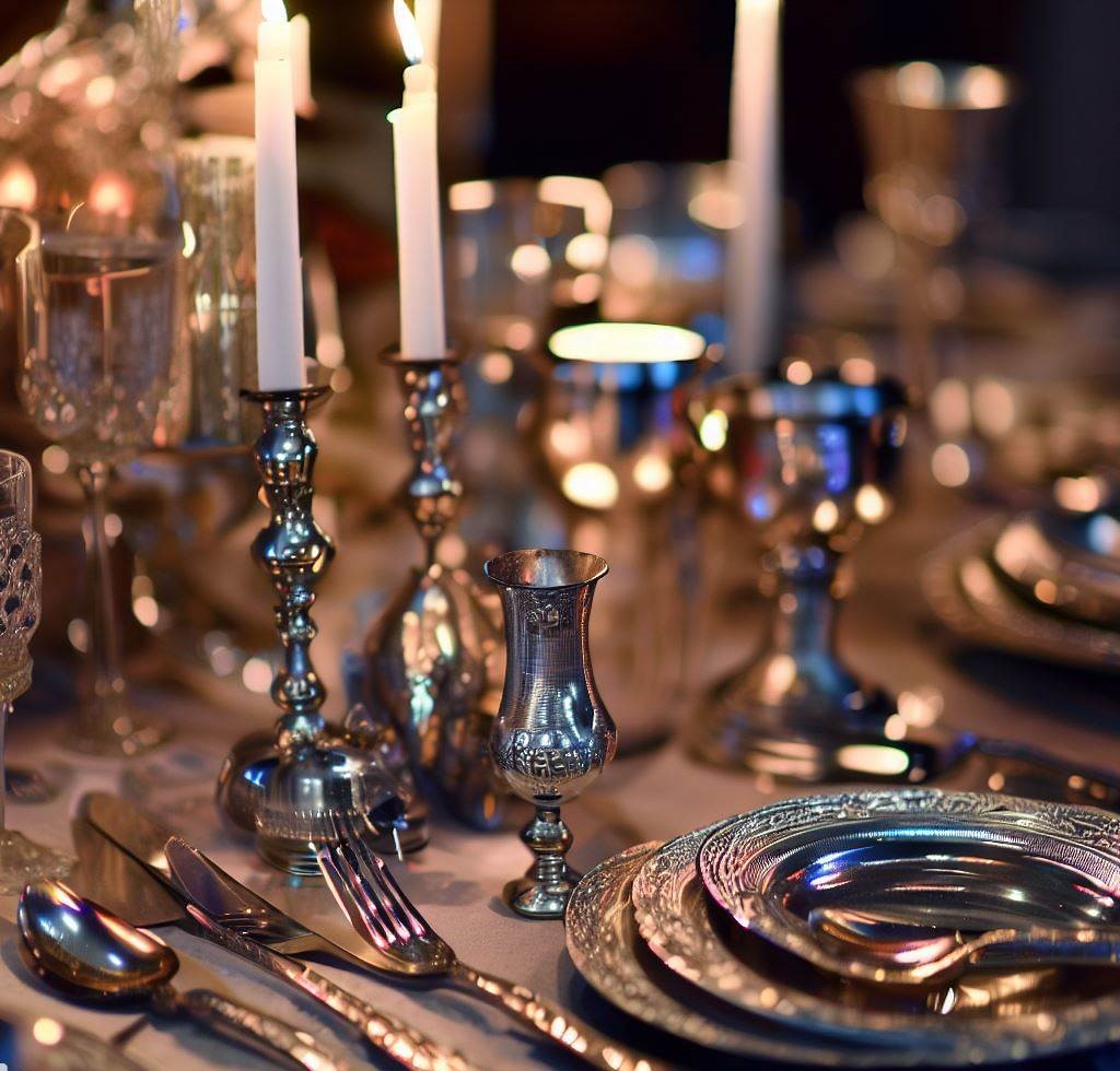 Mesa bellamente arreglada con varios artículos de plata, como cubiertos, candelabros y cubiertos antiguos
